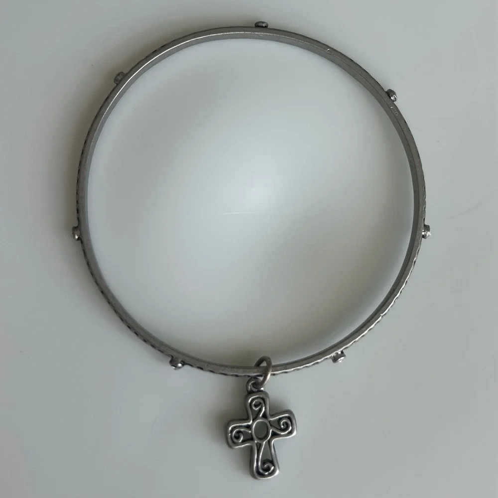 3pc Silver Tone Bangle Bracelet Set Butterfly Cross Flower Charms Textured